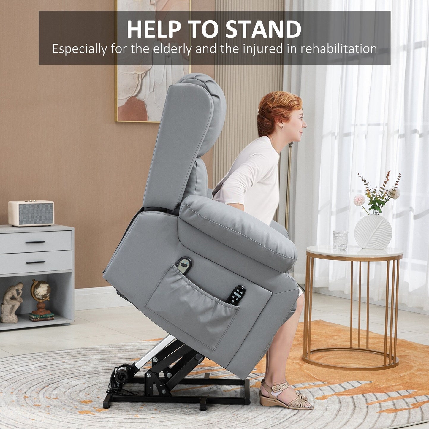 Fauteuil inclinable électrique en cuir synthétique avec massage par vibration et chaleur, inclinaison à 135°, poches latérales pour personnes âgées