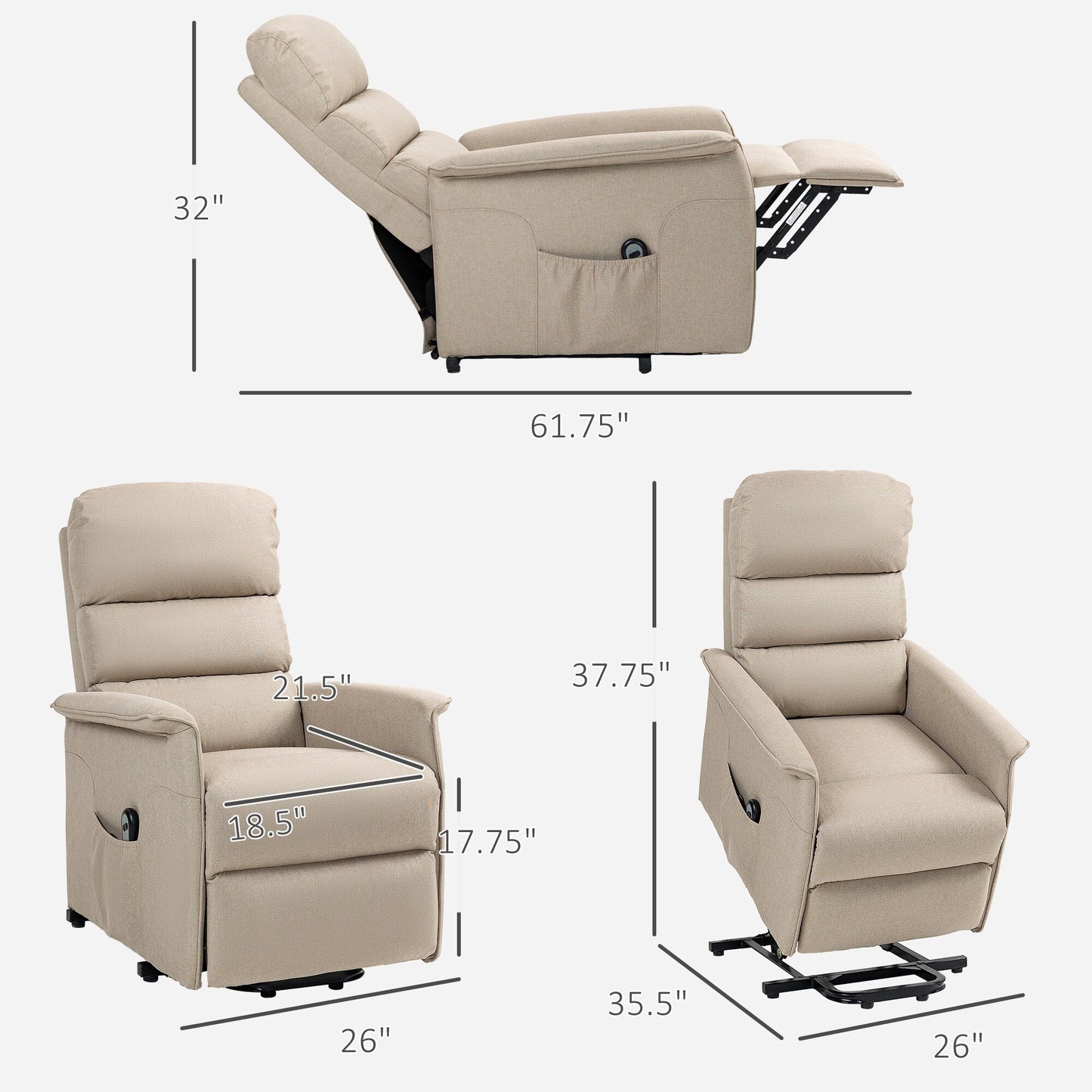 Fauteuil inclinable électrique pour personnes âgées, canapé inclinable réglable en tissu avec télécommande et poches latérales