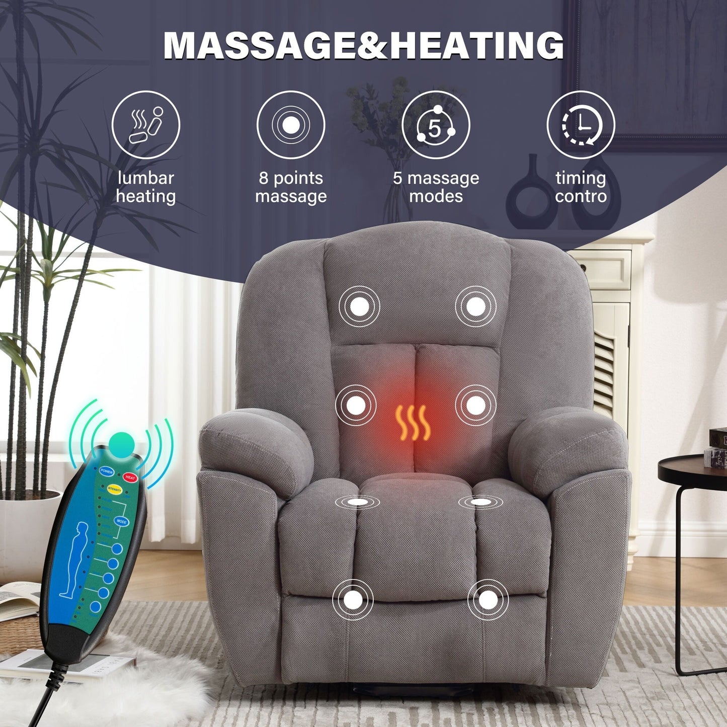 Fauteuil inclinable électrique pour personnes âgées avec chauffage, massage, port USB, poches latérales et tissu résistant