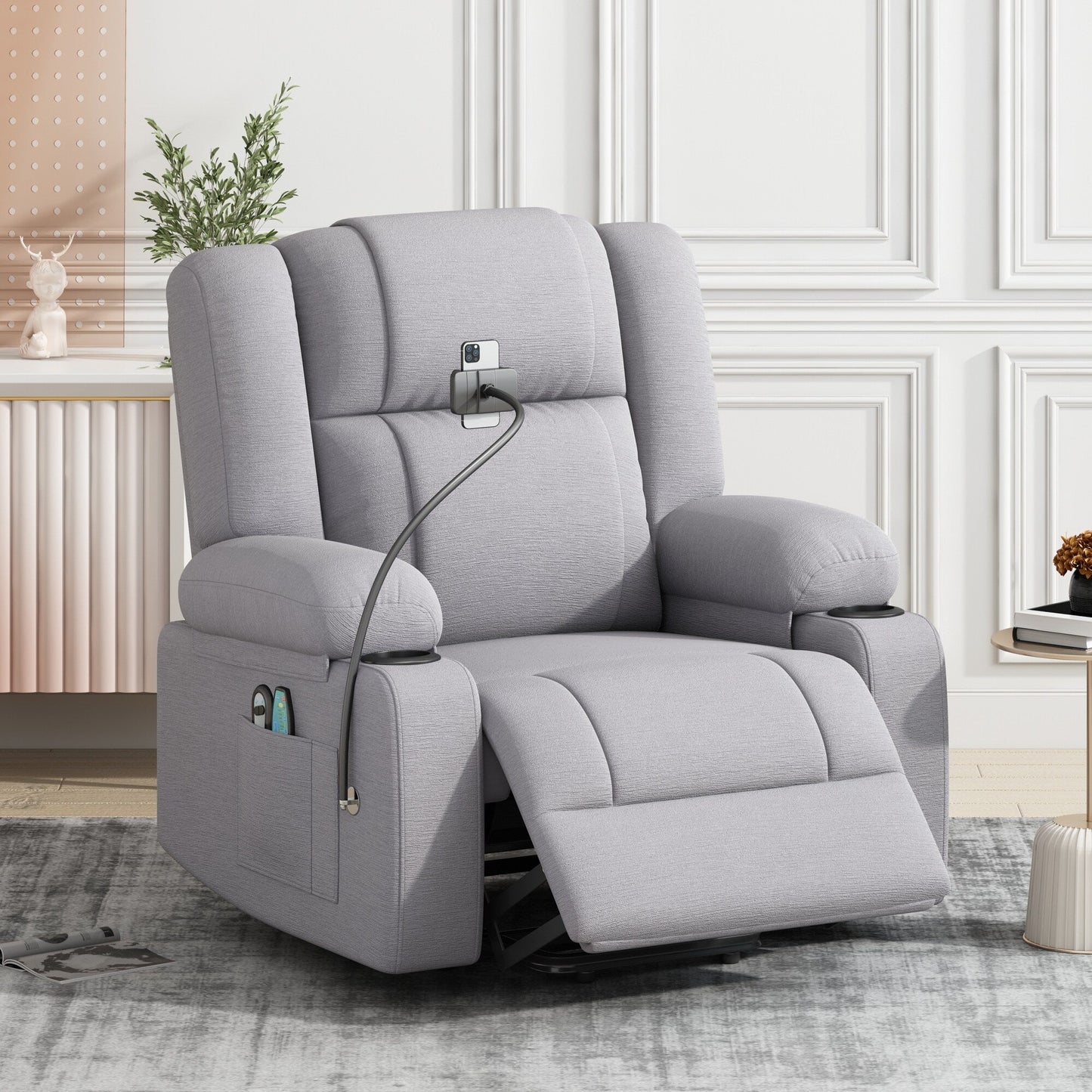 Fauteuil inclinable électrique avec massage, chauffage, porte-gobelets et support de téléphone pivotant à 360°, options d'inclinaison réglables