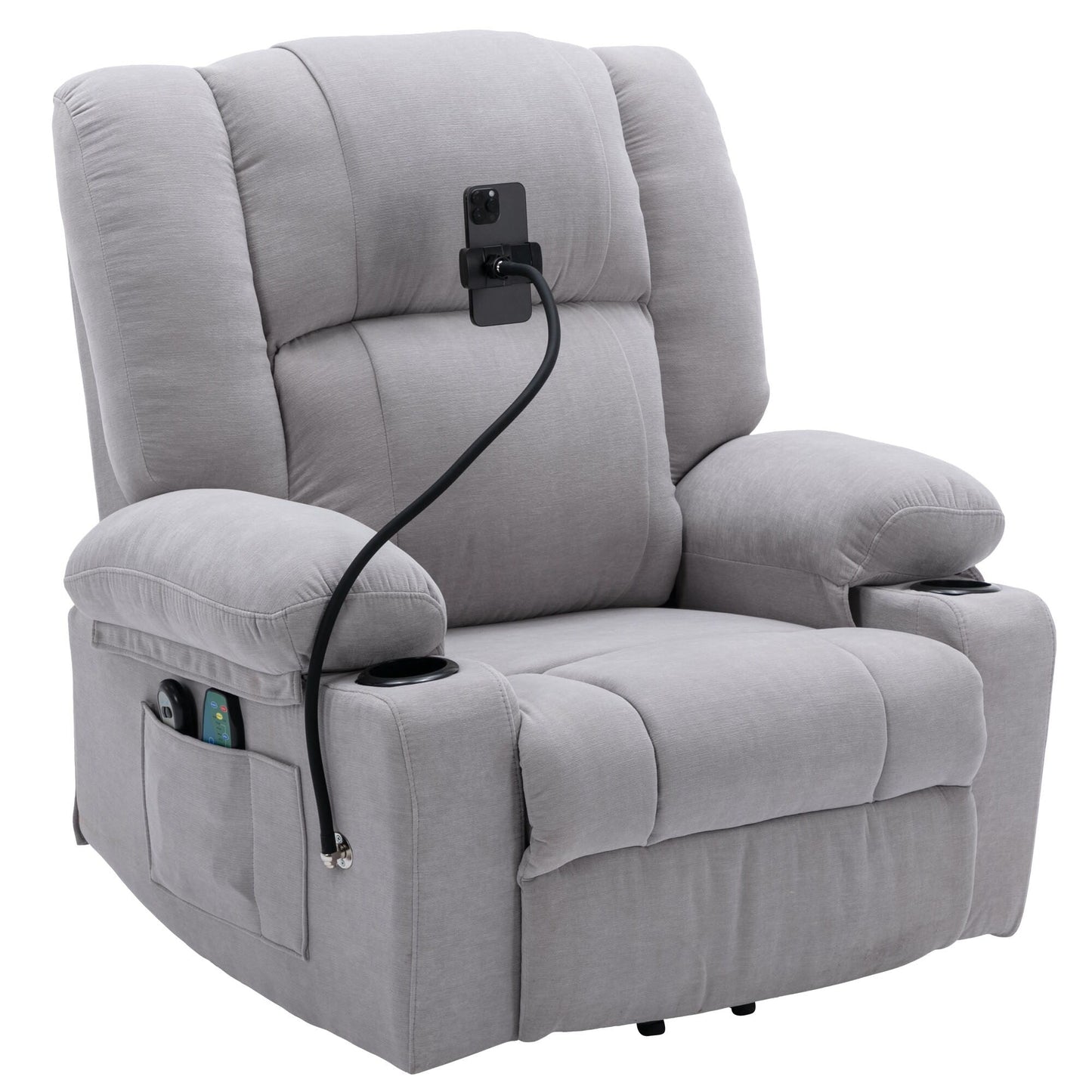 Fauteuil inclinable électrique avec massage, chauffage, porte-gobelets et support de téléphone pivotant à 360°, options d'inclinaison réglables