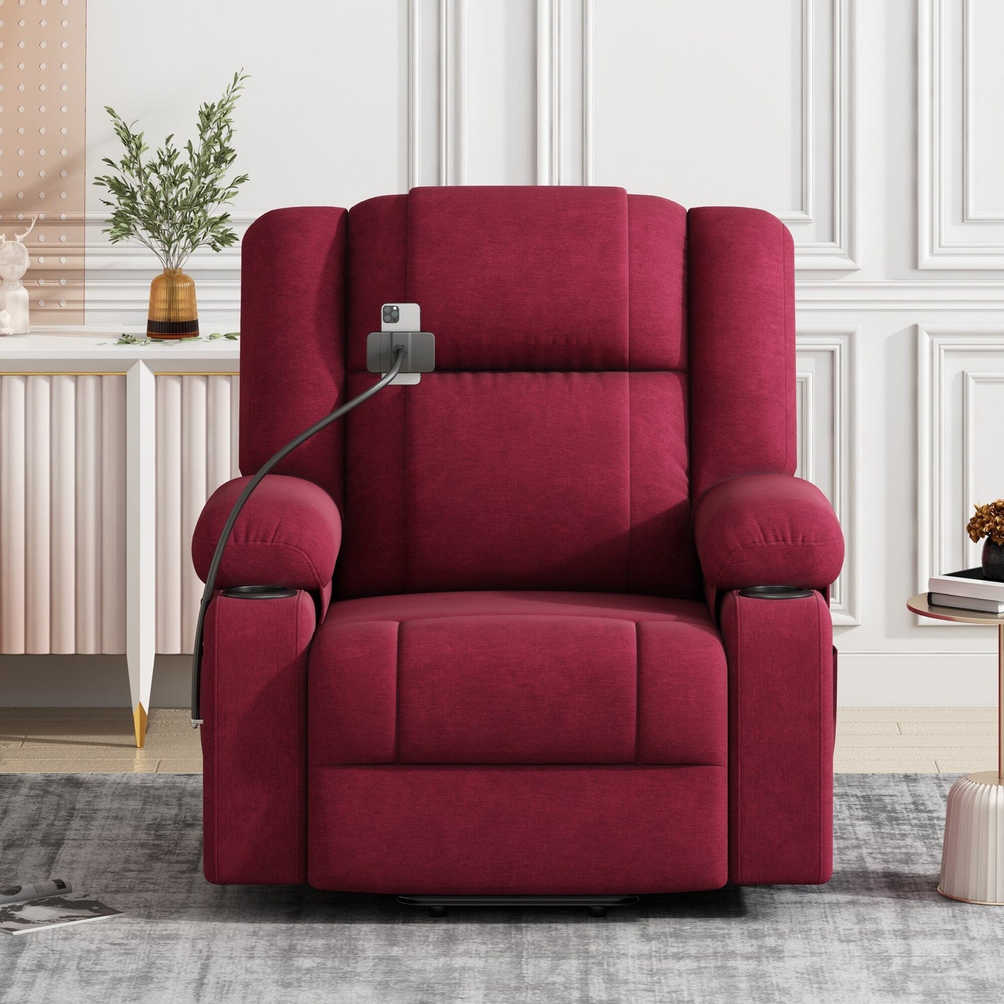 Fauteuil inclinable électrique avec massage, chauffage, porte-gobelets et support de téléphone pivotant à 360° avec inclinaison réglable