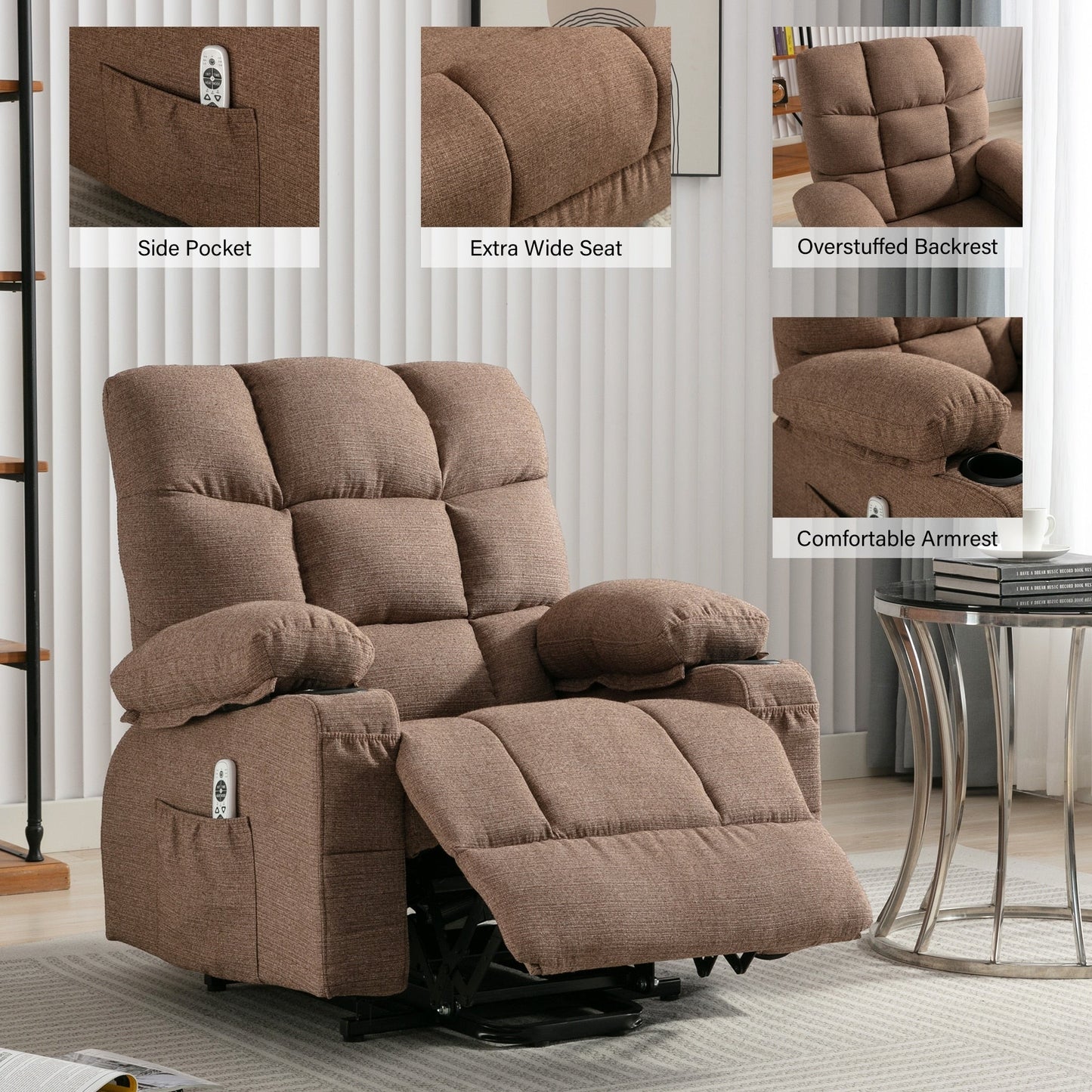 Fauteuil inclinable électrique avec chauffage, massothérapie, chargement USB et poches de rangement pratiques
