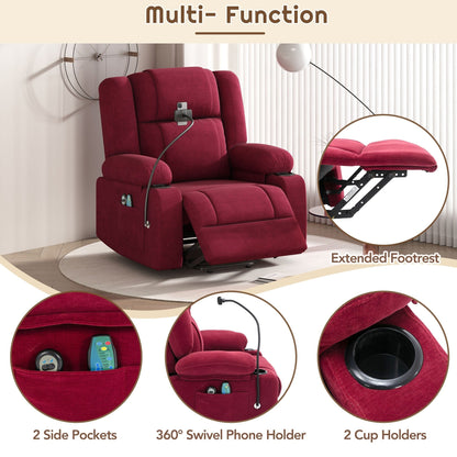 Fauteuil inclinable électrique avec massage, chauffage, support de téléphone rotatif à 360°, poches latérales et porte-gobelets pour personnes âgées