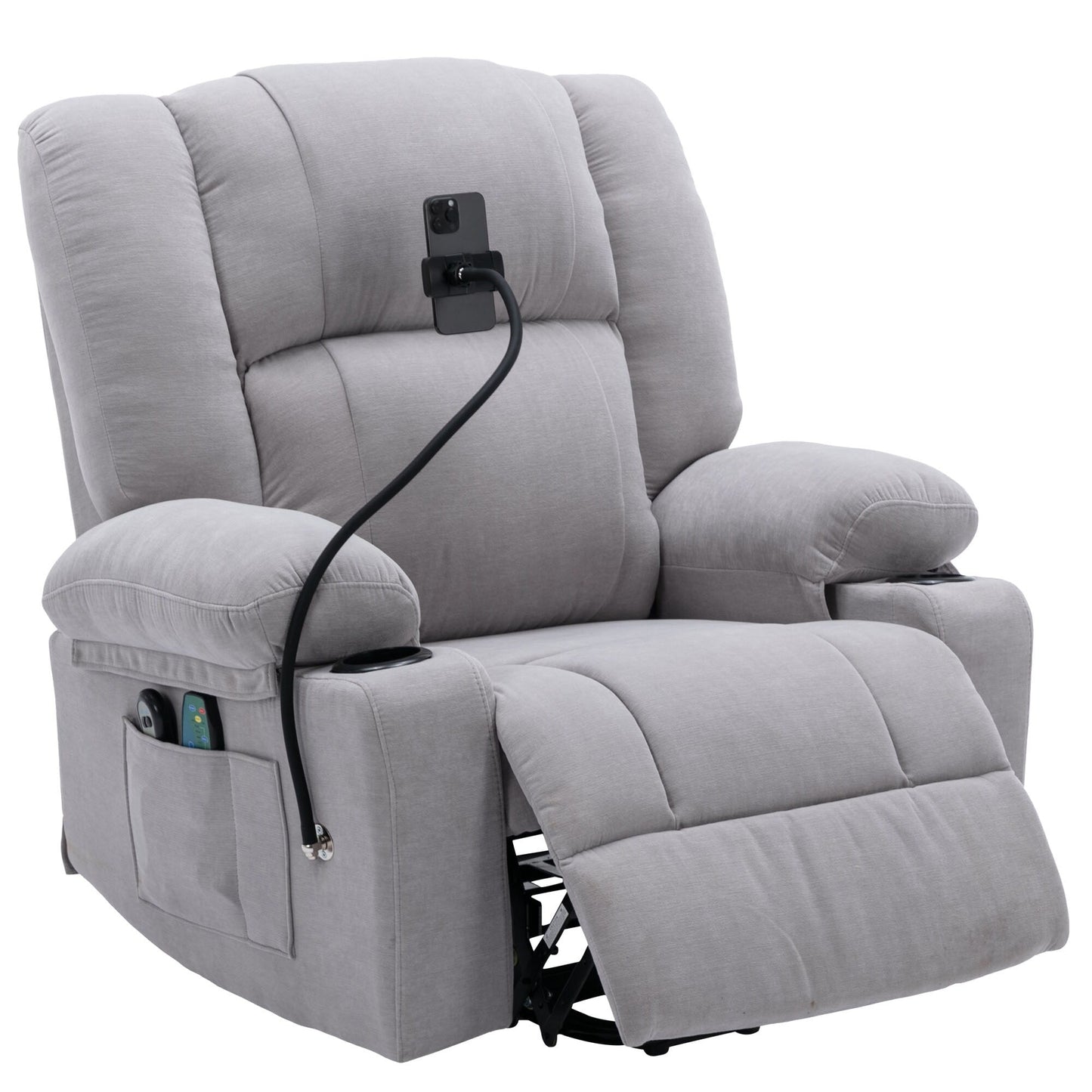 Fauteuil inclinable électrique avec massage, chauffage, support de téléphone rotatif à 360°, poches latérales et porte-gobelets pour personnes âgées