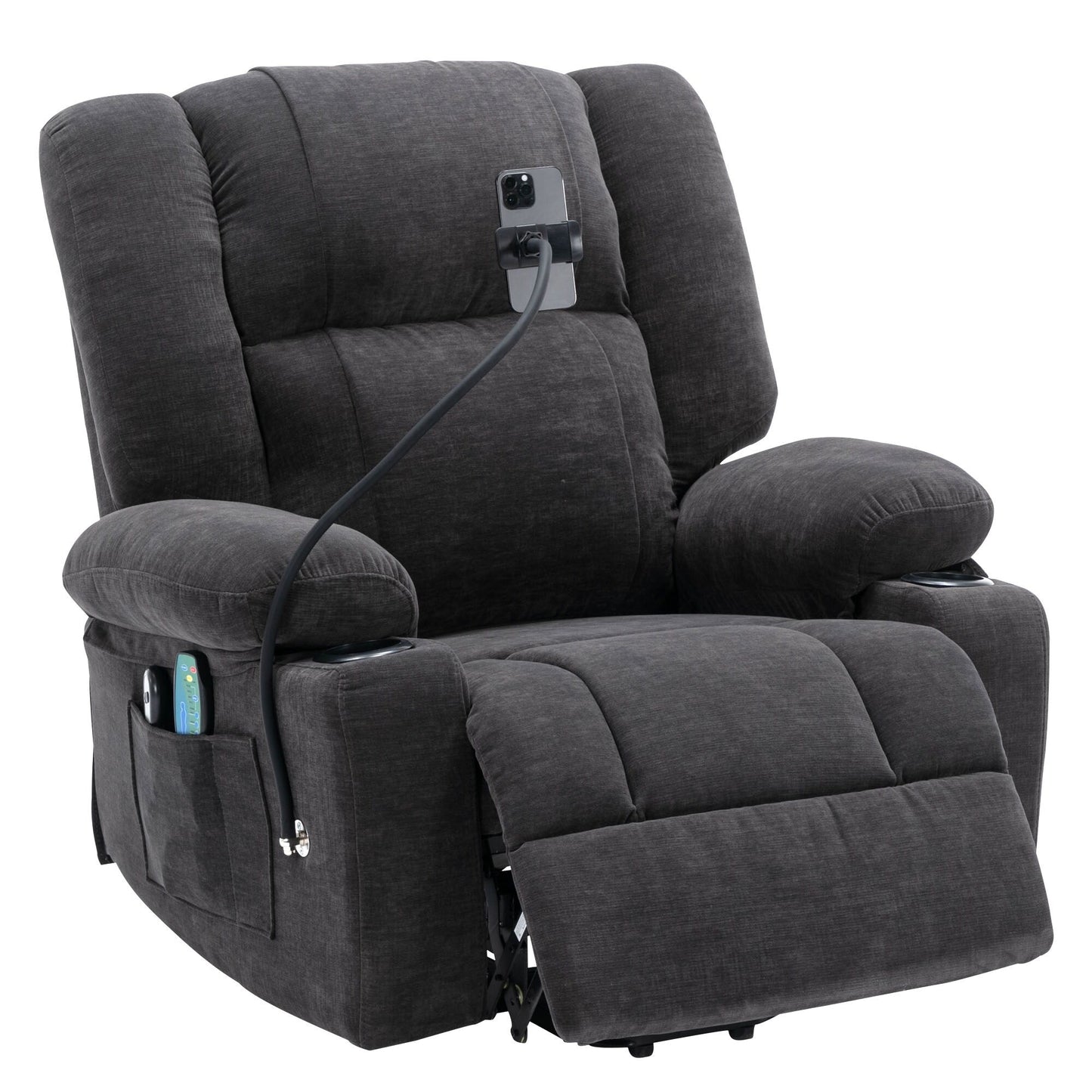 Fauteuil inclinable électrique avec massage, chauffage, porte-gobelets et support de téléphone pivotant à 360°, inclinaison réglable