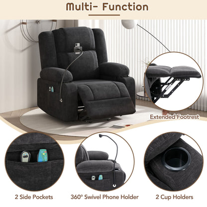 Fauteuil inclinable électrique avec massage, chauffage, porte-gobelets et support de téléphone pivotant à 360°, inclinaison réglable