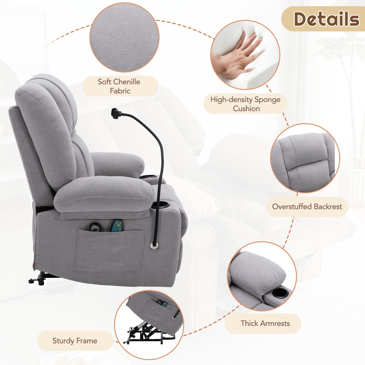 Fauteuil inclinable électrique avec massage, chauffage, porte-gobelets et support de téléphone pivotant à 360°, inclinaison réglable