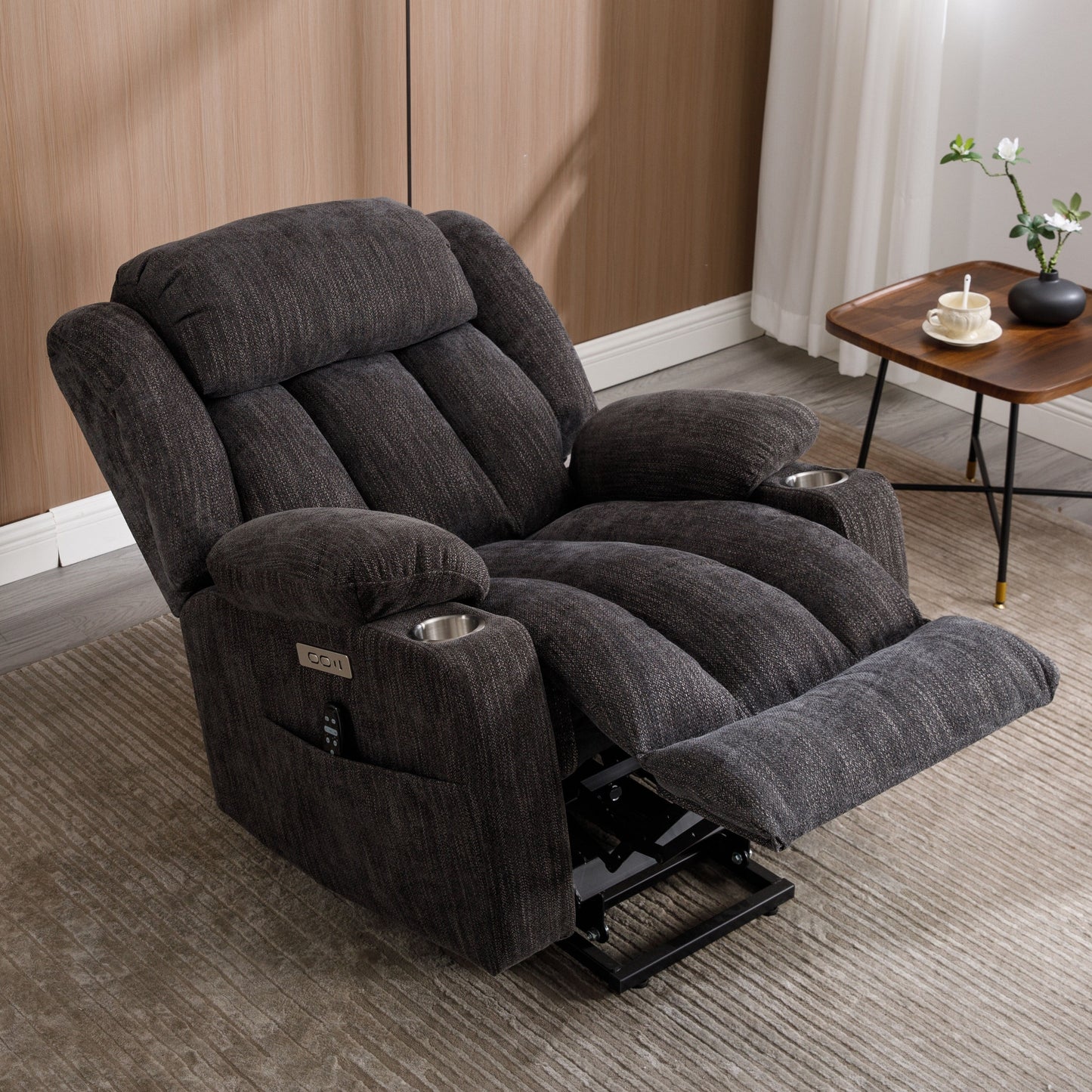 Fauteuil inclinable électrique avec massage ciblé, chauffage lombaire, double chargement USB et porte-gobelets en acier inoxydable