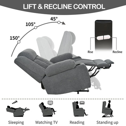 Fauteuil inclinable électrique pour personnes âgées, avec repose-pieds allongé, télécommande, poches latérales et 2 porte-gobelets.