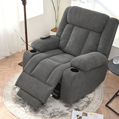 Fauteuil inclinable électrique pour personnes âgées, avec repose-pieds allongé, télécommande, poches latérales et 2 porte-gobelets.