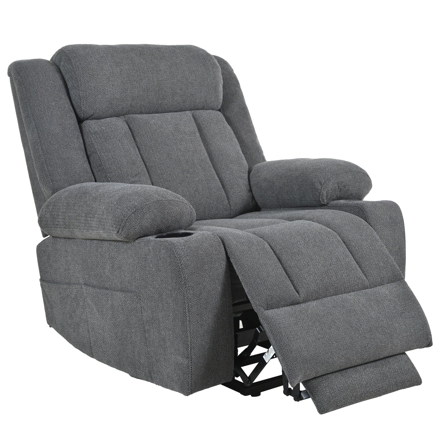 Fauteuil inclinable électrique pour personnes âgées, avec repose-pieds allongé, télécommande, poches latérales et 2 porte-gobelets.