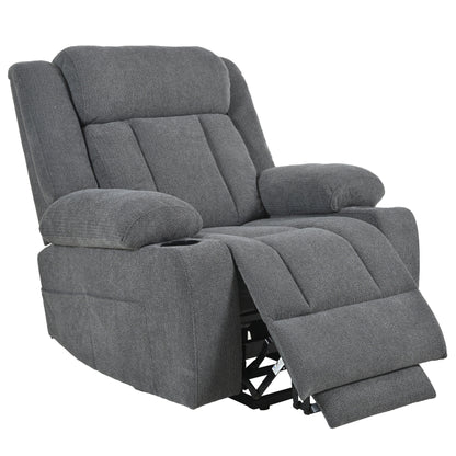 Fauteuil inclinable électrique pour personnes âgées, avec repose-pieds allongé, télécommande, poches latérales et 2 porte-gobelets.