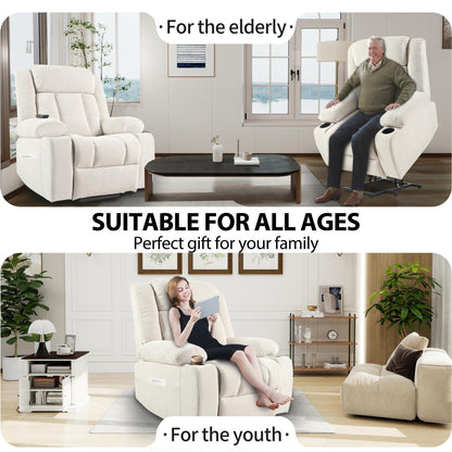 Fauteuil inclinable électrique pour personnes âgées, avec repose-pieds allongé, télécommande, poches latérales et 2 porte-gobelets.