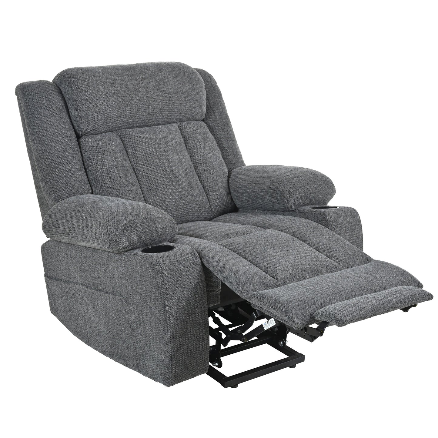 Fauteuil inclinable électrique pour personnes âgées, avec repose-pieds allongé, télécommande, poches latérales et 2 porte-gobelets.
