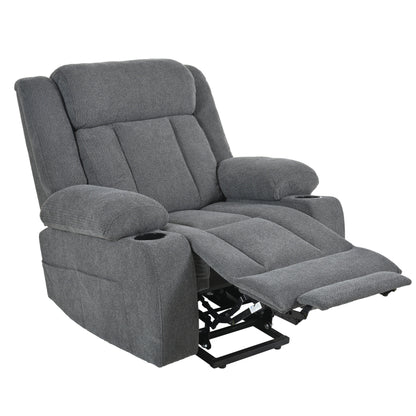 Fauteuil inclinable électrique pour personnes âgées, avec repose-pieds allongé, télécommande, poches latérales et 2 porte-gobelets.
