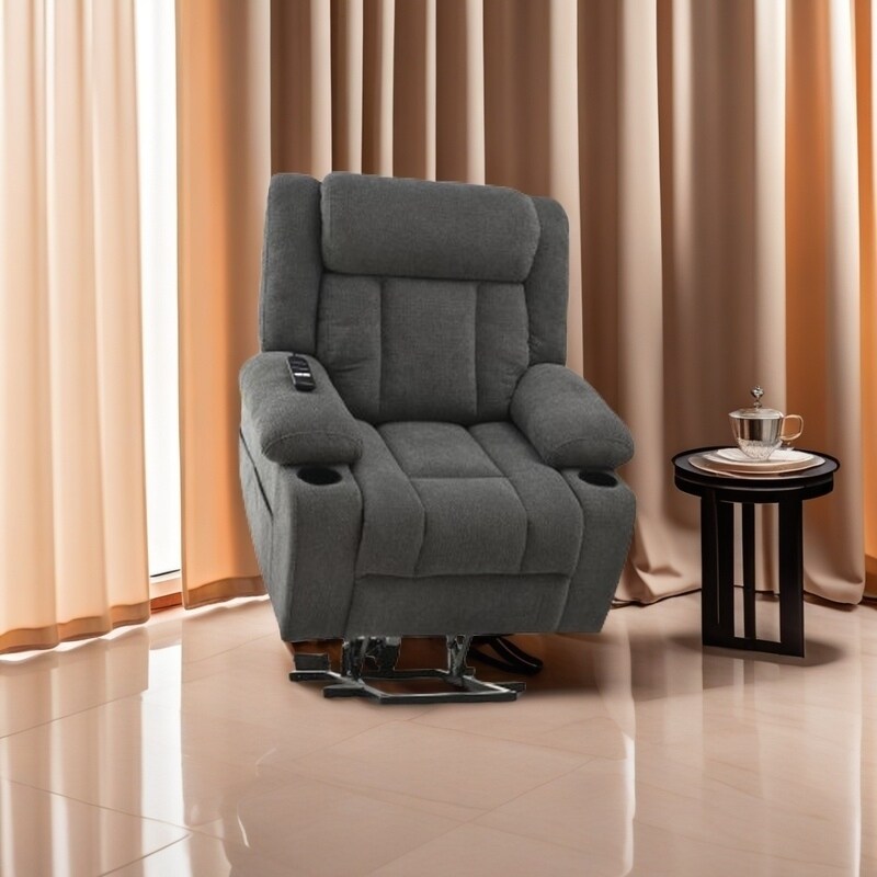 Fauteuil inclinable électrique pour personnes âgées, avec repose-pieds allongé, télécommande, poches latérales et 2 porte-gobelets.