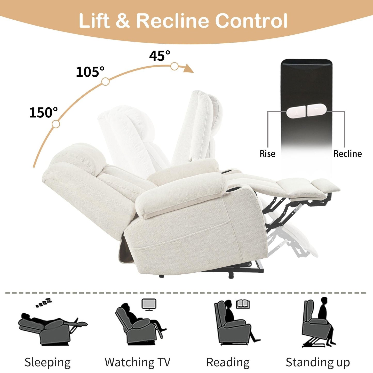 Fauteuil inclinable électrique pour personnes âgées, avec repose-pieds allongé, télécommande, poches latérales et 2 porte-gobelets.