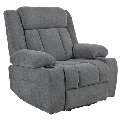Fauteuil inclinable électrique pour personnes âgées, avec repose-pieds allongé, télécommande, poches latérales et 2 porte-gobelets.