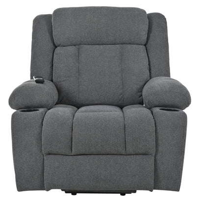 Fauteuil inclinable électrique pour personnes âgées, avec repose-pieds allongé, télécommande, poches latérales et 2 porte-gobelets.