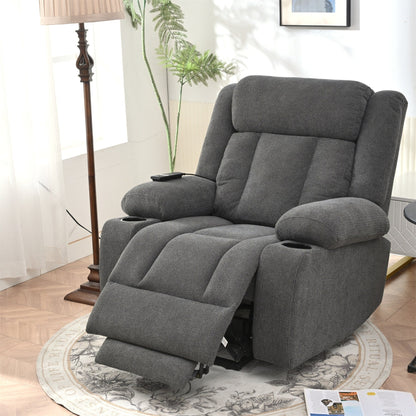 Fauteuil inclinable électrique pour personnes âgées, avec repose-pieds allongé, télécommande, poches latérales et 2 porte-gobelets.