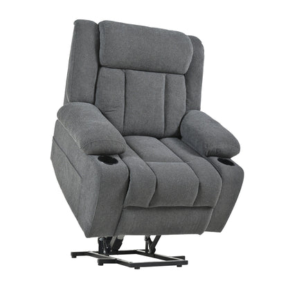 Fauteuil inclinable électrique pour personnes âgées, avec repose-pieds allongé, télécommande, poches latérales et 2 porte-gobelets.