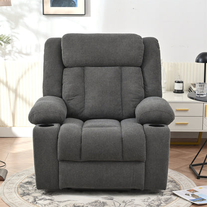 Fauteuil inclinable électrique pour personnes âgées, avec repose-pieds allongé, télécommande, poches latérales et 2 porte-gobelets.