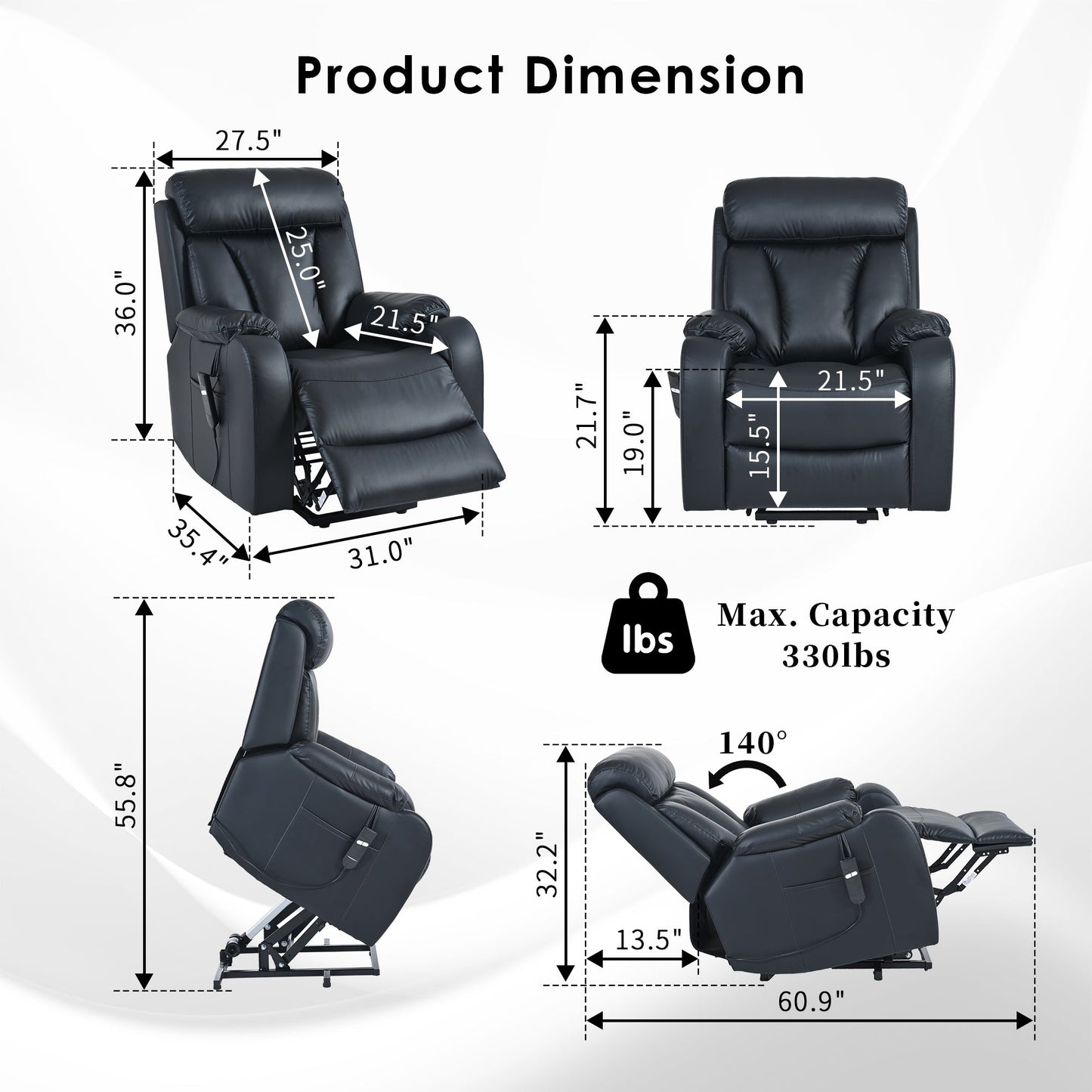 Fauteuil inclinable électrique pour personnes âgées, siège inclinable réglable avec poche latérale et télécommande.