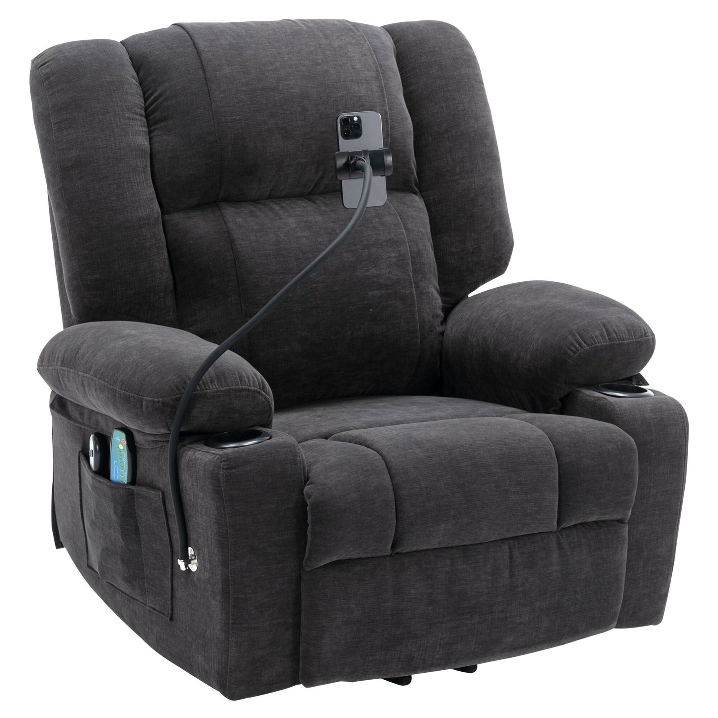 Fauteuil inclinable électrique avec massage, chauffage, support de téléphone 360°, poches latérales et porte-gobelets pour personnes âgées