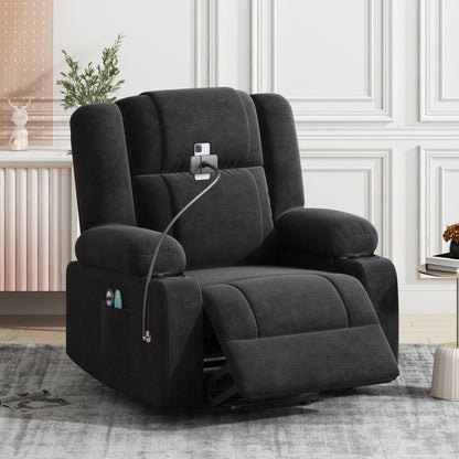 Fauteuil inclinable électrique avec massage, chauffage, support de téléphone 360°, poches latérales et porte-gobelets pour personnes âgées