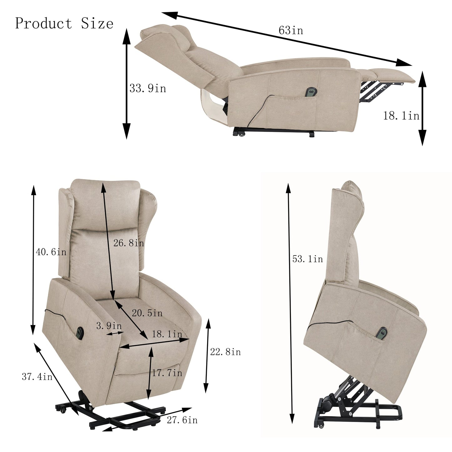 Fauteuil inclinable électrique avec télécommande, soutien confortable du dos, des lombaires et des jambes, aide à la station debout, poche latérale