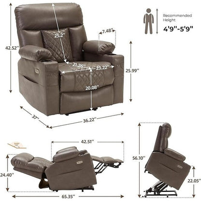 Fauteuil inclinable électrique avec chauffage, massage, repose-pieds allongé, ports de chargement USB et Type-C et porte-gobelets