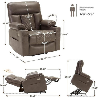 Fauteuil inclinable électrique avec chauffage, massage, repose-pieds allongé, ports USB et Type-C et porte-gobelets