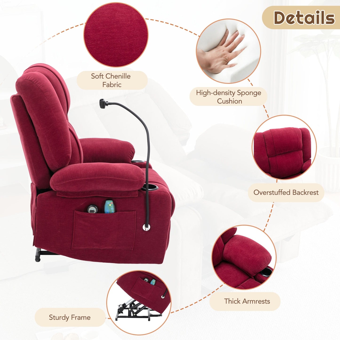 Fauteuil inclinable électrique avec massage, chauffage, porte-gobelets et pivot