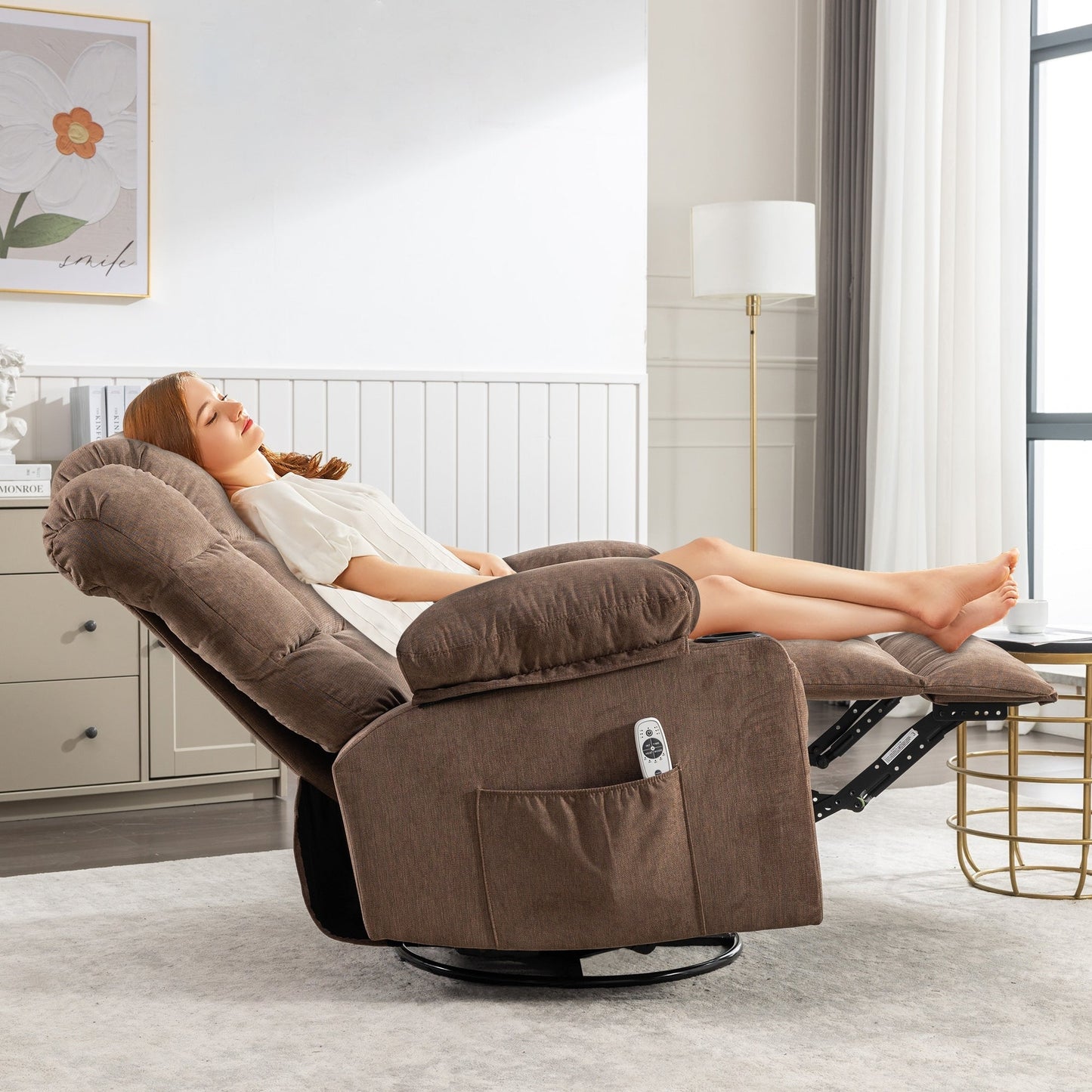 Fauteuil inclinable électrique avec inclinaison réglable à 139°, massage 8 points et chauffage lombaire, moteur Okin, chargement USB et rangement latéral