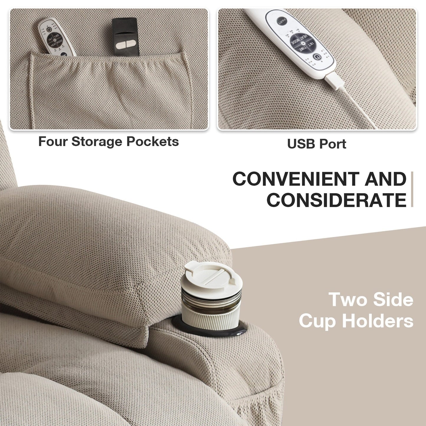 Fauteuil inclinable électrique avec massage et chauffage, port USB, porte-gobelets et poches latérales, modes de vibration réglables et chauffage