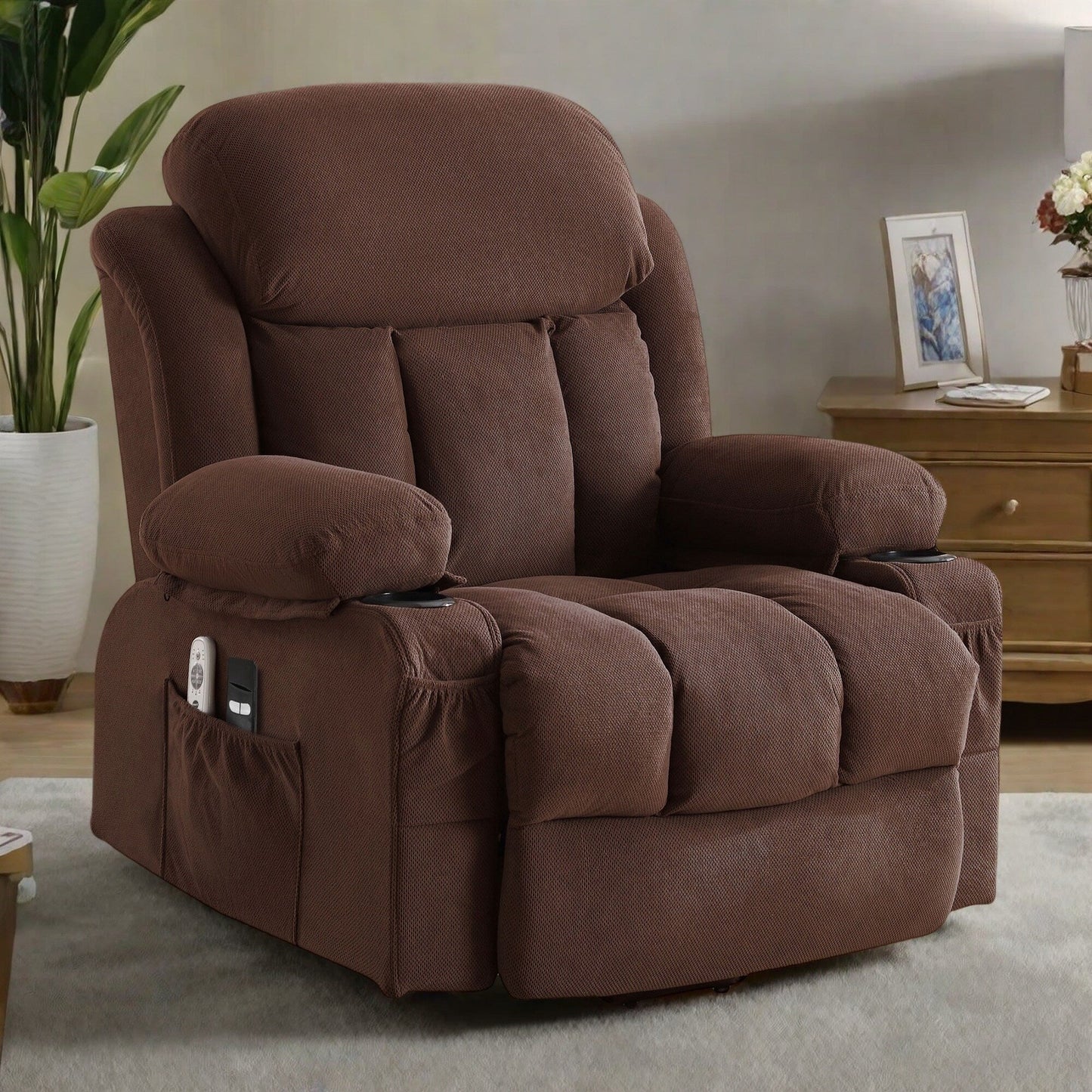 Fauteuil inclinable électrique avec massage et chauffage, port USB, porte-gobelets et poches latérales, modes de vibration réglables et chauffage