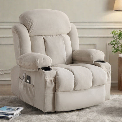 Fauteuil inclinable électrique avec massage et chauffage, port USB, porte-gobelets et poches latérales, modes de vibration réglables et chauffage