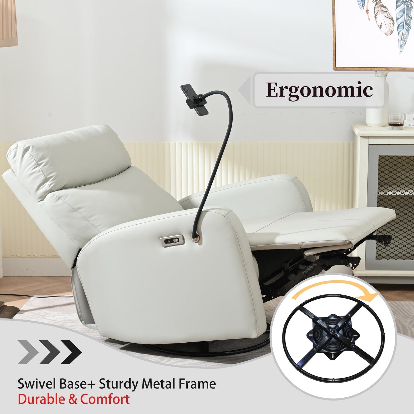 Fauteuil inclinable électrique pivotant à 270°, repose-pieds réglable, ports de charge USB et Type-C pour chambre d'enfant et salon