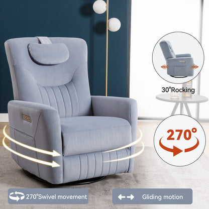 Fauteuil inclinable pivotant électrique avec rotation à 270°, fonction bascule, soutien lombaire et cervical, et ports de charge USB/Type-C