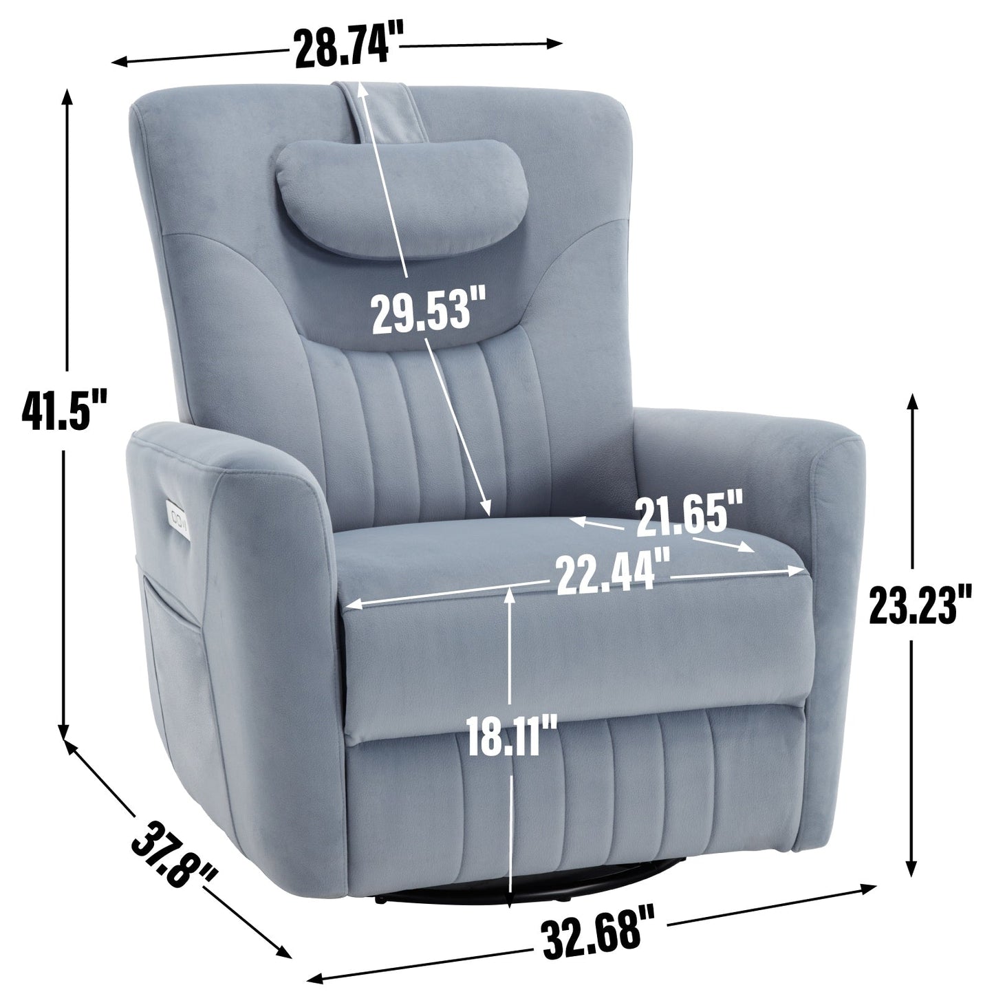 Fauteuil inclinable pivotant électrique avec rotation à 270°, fonction bascule, soutien lombaire et cervical, et ports de charge USB/Type-C