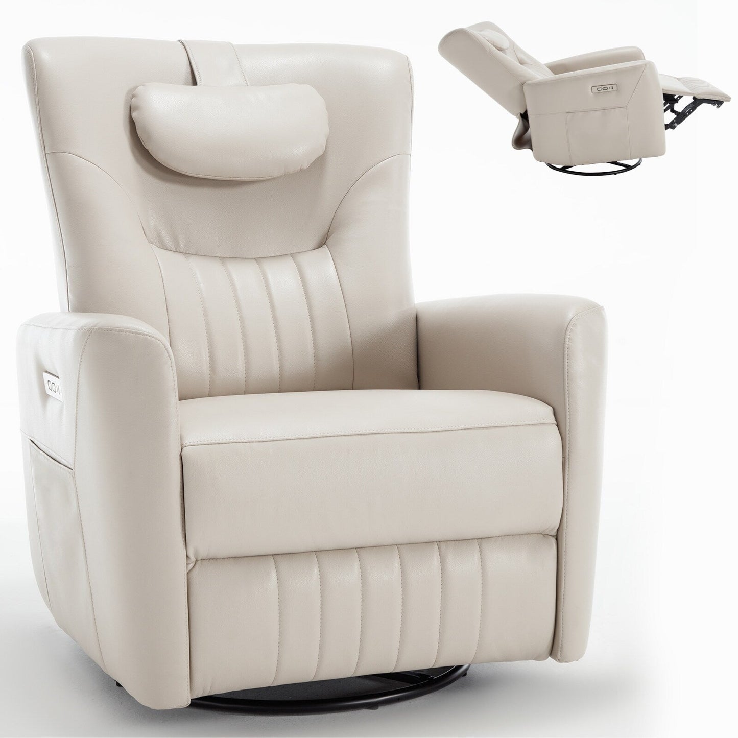 Fauteuil inclinable pivotant électrique avec rotation à 270°, fonction bascule, soutien lombaire et cervical, et ports de charge USB/Type-C