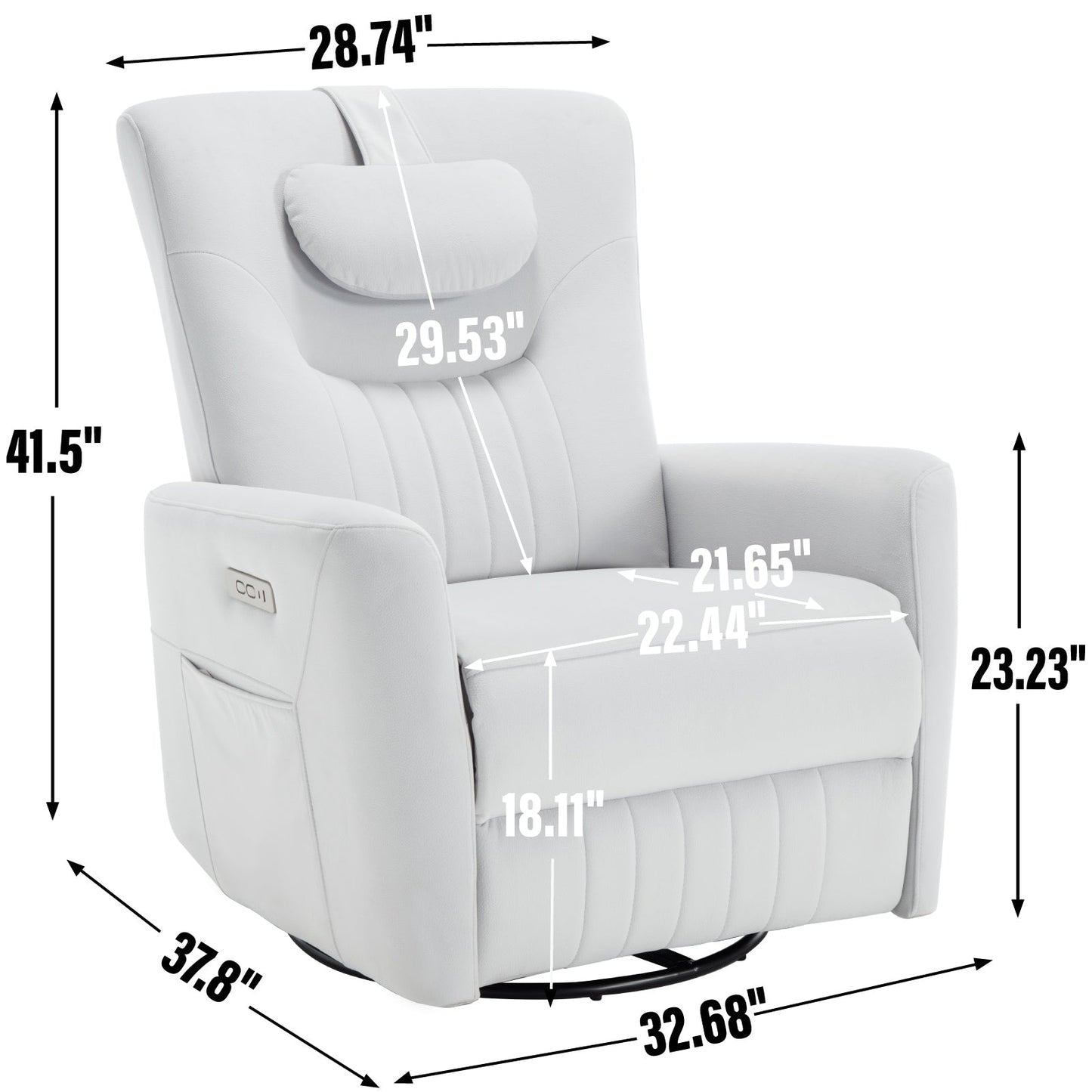 Fauteuil inclinable pivotant électrique avec rotation à 270°, fonction bascule, soutien lombaire et cervical, et ports de charge USB/Type-C