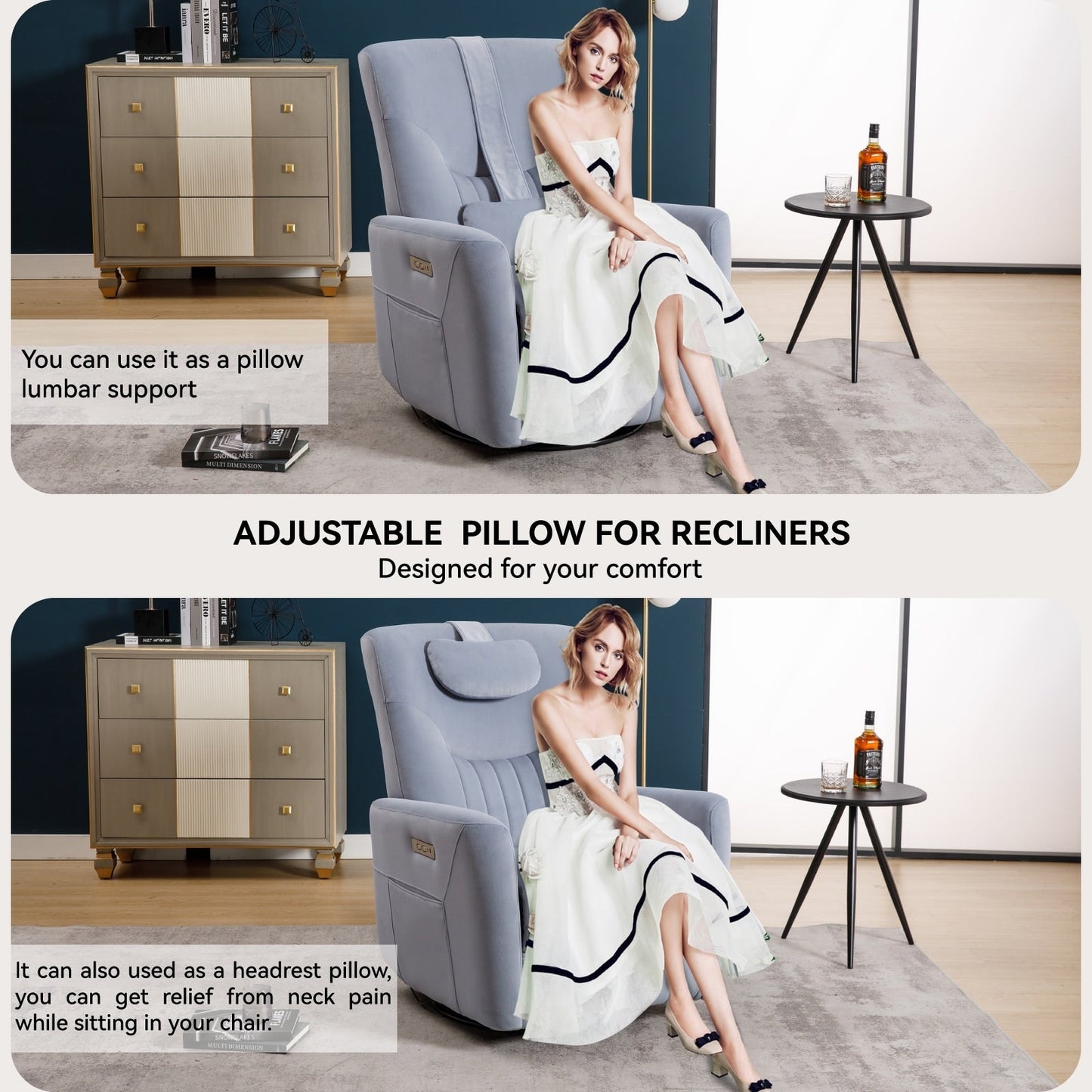 Fauteuil inclinable pivotant électrique avec rotation à 270°, fonction bascule, soutien lombaire et cervical, et ports de charge USB/Type-C