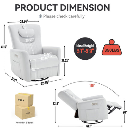 Fauteuil inclinable pivotant électrique avec rotation à 270°, fonction bascule, soutien lombaire et cervical, et ports de charge USB/Type-C