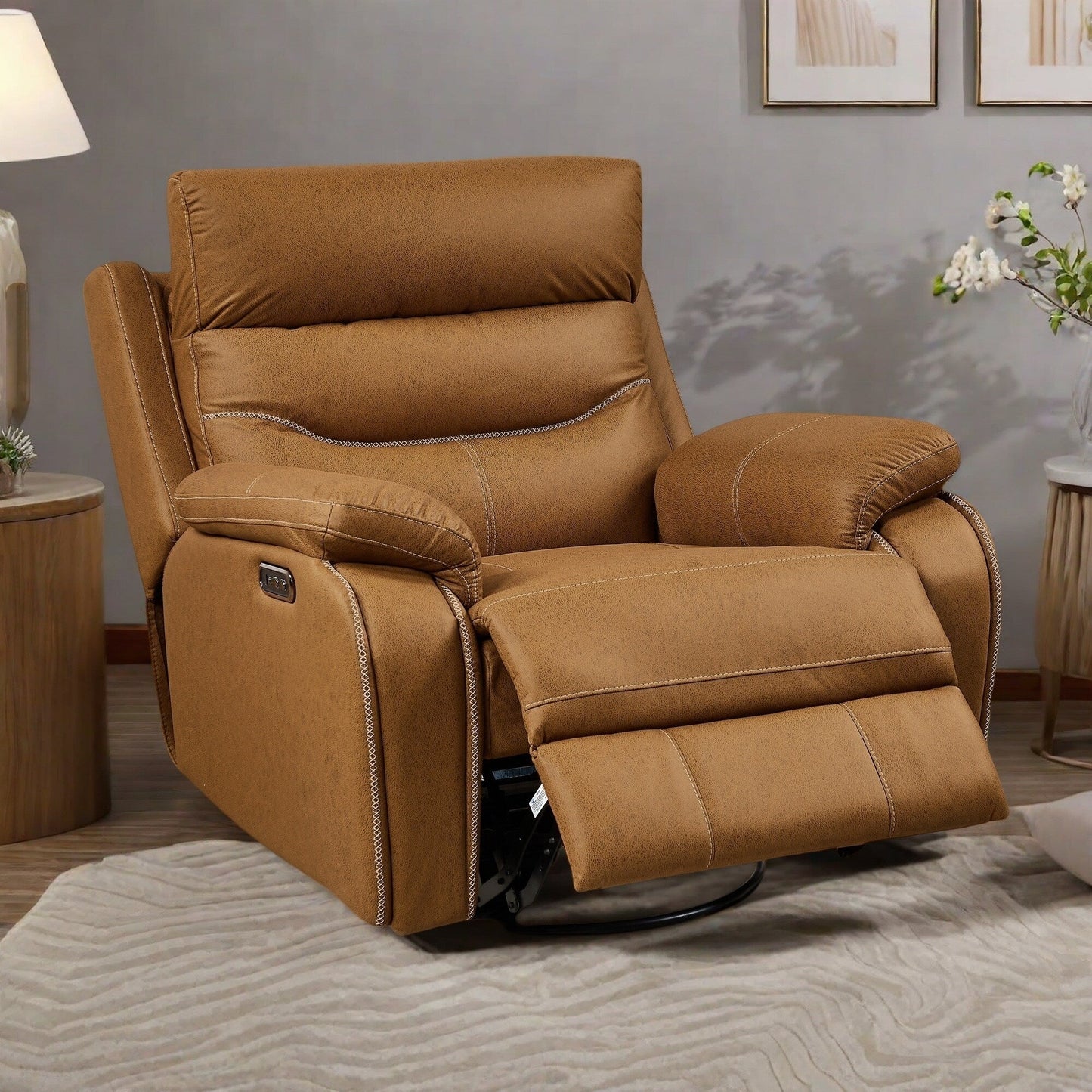 Fauteuil inclinable pivotant électrique avec deux moteurs, chargement USB, appui-tête réglable et réinitialisation par simple pression