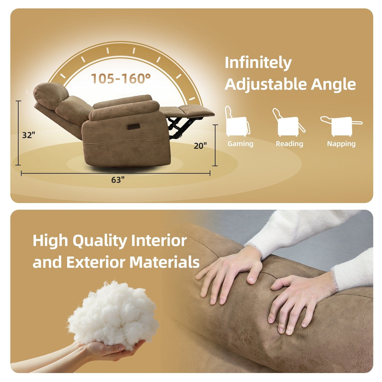 Fauteuil inclinable électrique à gravité zéro avec ports de charge - Fauteuil inclinable rembourré avec poche latérale et soutien lombaire