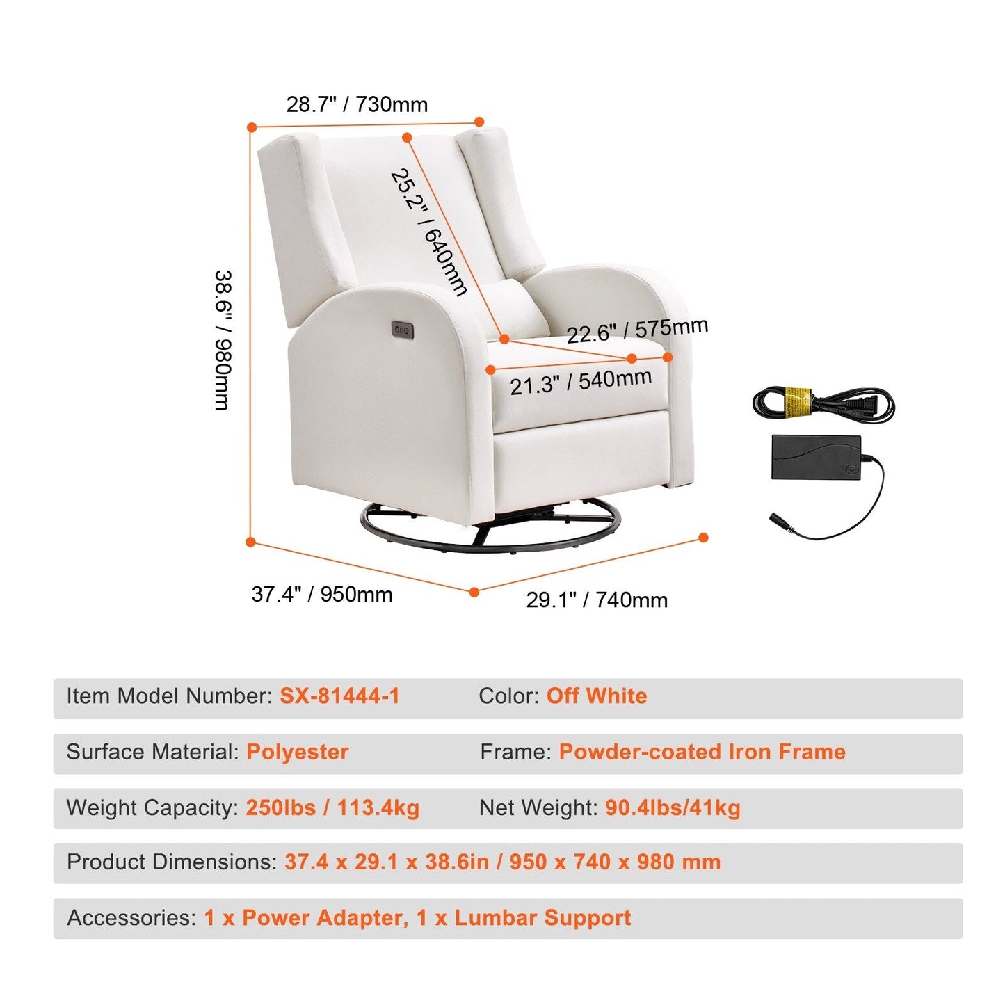 Fauteuil inclinable et pivotant électrique pour salon et chambre à coucher