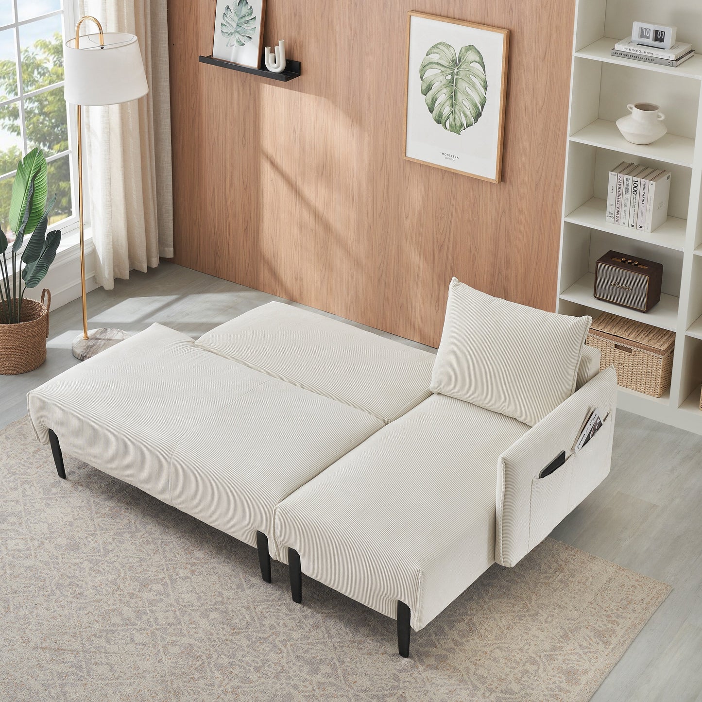 Élégant canapé en velours de 200 cm – Canapé spacieux avec garniture en métal et 3 coussins pour les espaces modernes