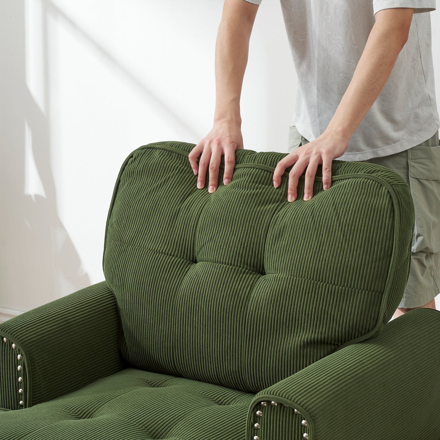 Fauteuil inclinable d'intérieur élégant en velours côtelé, fauteuil de salon rembourré, canapé-lit, banc de rangement avec garniture cloutée